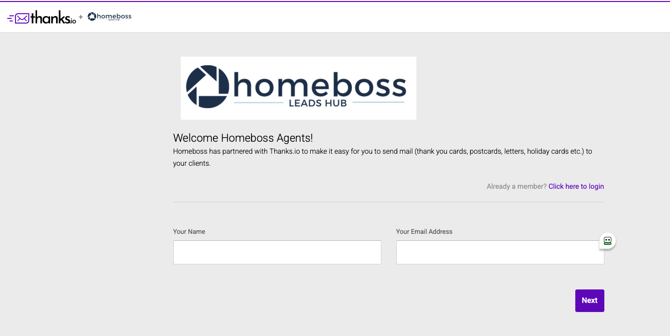 Thanks.io and Homeboss co-branded welcome page with Name and Email Address fields