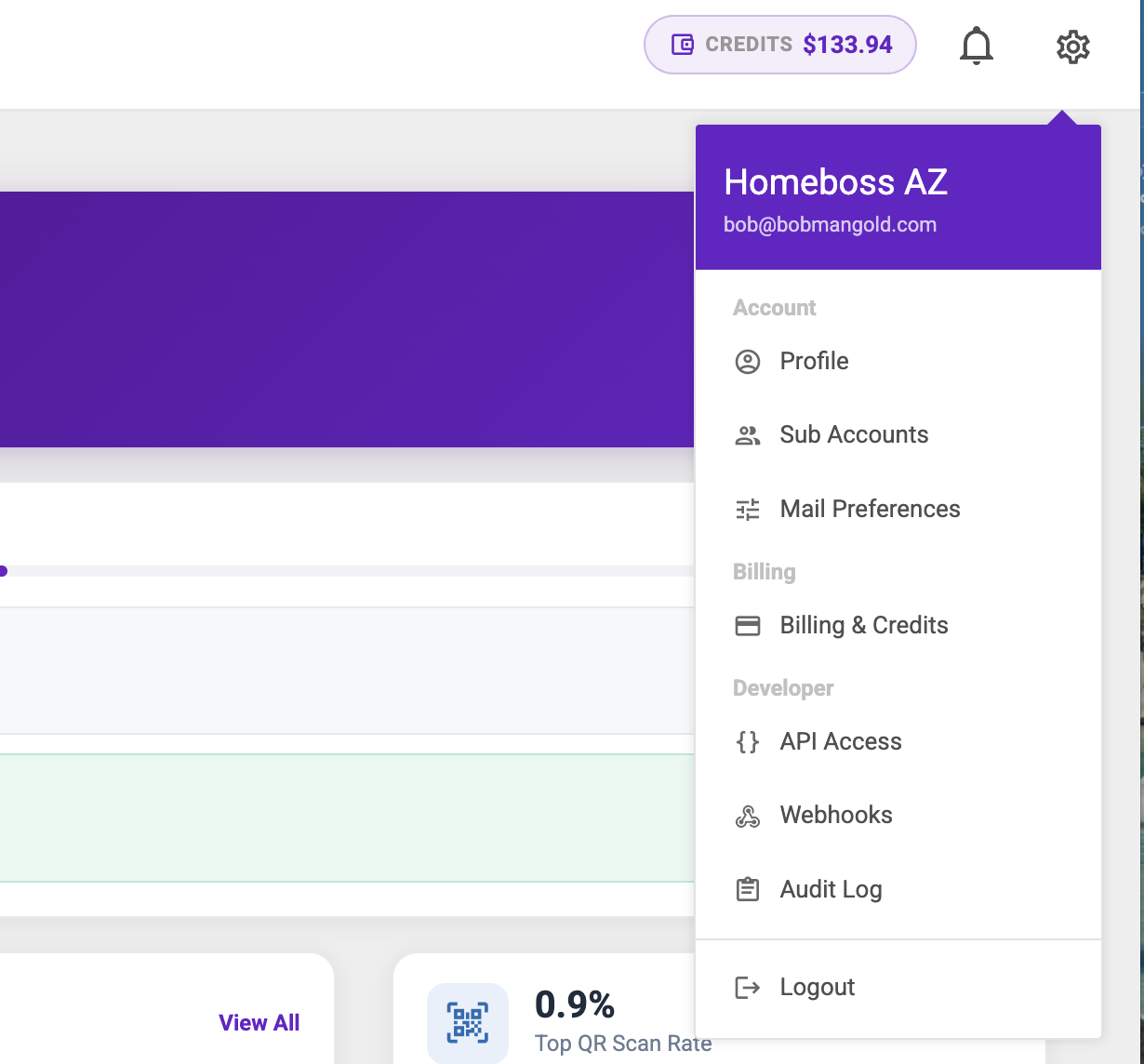 Thanks.io settings dropdown menu showing Account, Profile, Sub Accounts, Mail Preferences, Billing and Credits, API Access, Webhooks, Audit Log, and Logout