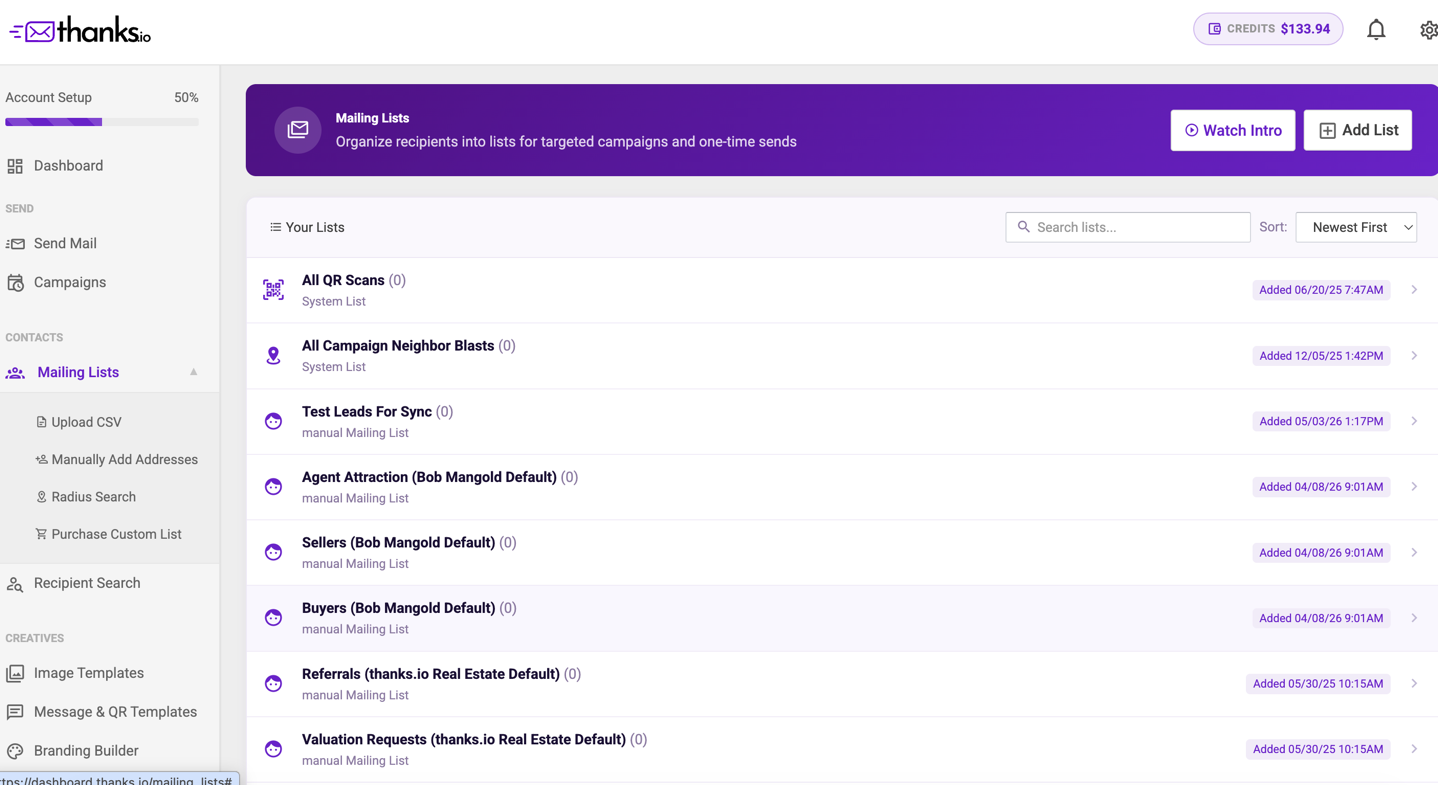 Thanks.io Mailing Lists page with sidebar navigation showing Mailing Lists highlighted, and the Add List button in the top right