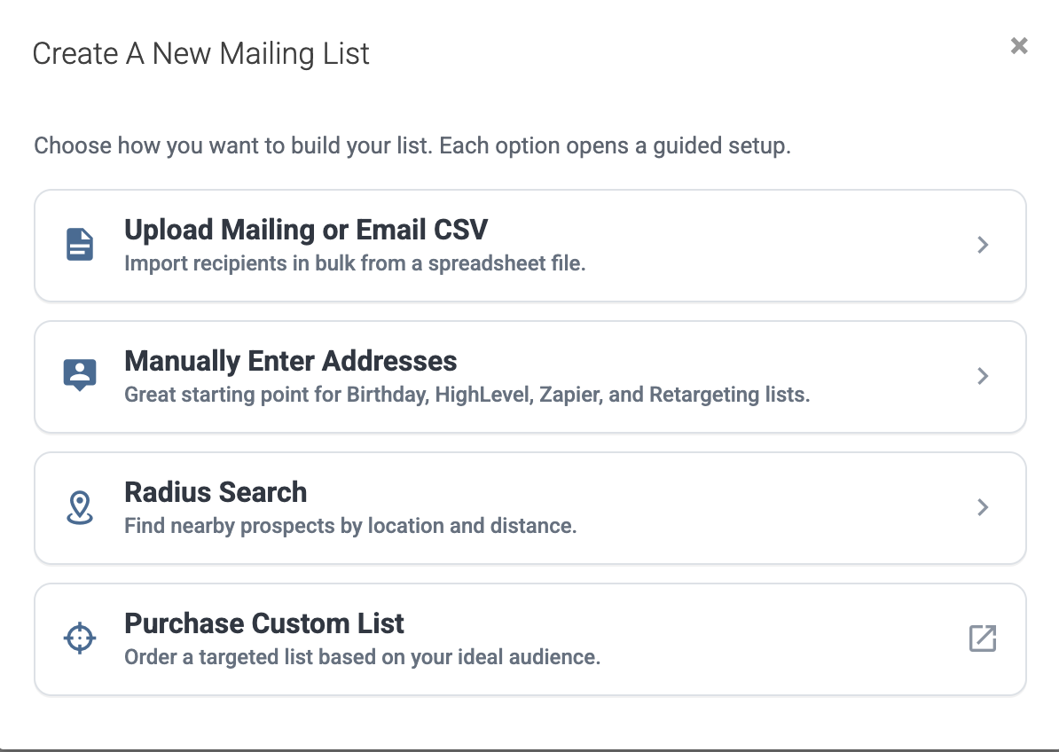 Create A New Mailing List popup with options for Upload Mailing or Email CSV, Manually Enter Addresses, Radius Search, and Purchase Custom List